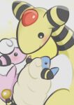  absurdres alieli_(alishion6) ampharos animal_focus black_eyes blush closed_mouth commentary_request evolutionary_line flaaffy highres looking_down mareep no_humans pokemon pokemon_(creature) sheep smile 