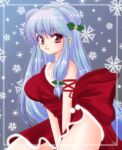  1girl adapted_costume arm_strap artist_name asymmetrical_clothes back_bow bangs blue_background border bow breasts christmas closed_mouth commentary cowboy_shot double_bun dress fur-trimmed_dress fur_trim hair_ornament large_breasts long_hair looking_at_viewer ranma_1/2 red_bow red_dress shampoo_(ranma_1/2) short_dress side_slit sidelocks signature single-shoulder_dress smile snowflakes solo standing uehara_doh v_arms very_long_hair violet_eyes white_border 