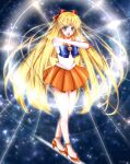 1girl ;d aino_minako arm_behind_head arms_up bare_legs bishoujo_senshi_sailor_moon blonde_hair blue_bow blue_eyes bow breasts collarbone commentary cowboy_shot earrings elbow_gloves eyelashes frilled_skirt frills gloves hair_bow hair_ornament hair_ribbon highleg highleg_leotard highres jewelry knee_up leotard long_hair looking_at_viewer magical_girl medium_breasts open_mouth orange_skirt parody red_bow ribbon sailor_venus shiny shiny_hair short_sleeves skirt smile solo sorako_(bluechocomint) sparkle_background thighs tiara white_gloves white_leotard