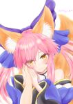  1girl animal_ear_fluff animal_ears bangs bare_shoulders blue_bow bow closed_mouth commentary_request dated detached_sleeves eyebrows_visible_through_hair eyes_visible_through_hair fate/extra fate_(series) fox_ears fox_girl fox_tail hair_bow hand_on_another&#039;s_hand highres light_blush long_hair long_sleeves looking_at_viewer pink_hair pov pov_adoring pov_hands sidelocks smile solo_focus split_ponytail tail tamamo_(fate) tamamo_no_mae_(fate/extra) upper_body white_background wide_sleeves winsankemonodou yellow_eyes 