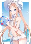  1girl abigail_williams_(fate) abigail_williams_(swimsuit_foreigner)_(fate) ball bangs beachball bikini blonde_hair blue_eyes bonnet bow fate/grand_order fate_(series) highres holding holding_ball holding_beachball long_hair looking_at_viewer navel parted_bangs parted_lips solo stomach swimsuit twintails very_long_hair white_bikini white_bow yennineii 