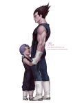  2boys age_difference black_hair child closed_mouth commentary dragon_ball drawing english_commentary father_and_son gloves hands_on_another&#039;s_shoulders height_difference highres in-hyuk_lee leotard looking_at_viewer looking_up male_focus multiple_boys muscular muscular_male painting solo_focus trunks_(dragon_ball) vegeta 