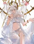  1girl animal_ears arknights bangs bare_shoulders bikini brown_eyes commentary_request eyebrows_visible_through_hair feet_out_of_frame flower hands_up highres latutou1 laurel_crown long_hair navel off-shoulder_bikini off_shoulder pink_flower platinum_(arknights) platinum_(shimmering_dew)_(arknights) silver_hair sitting solo stomach swimsuit white_bikini 