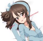  1girl bangs bed_sheet birthday blue_headband blue_shirt blush brown_eyes brown_hair commentary dutch_angle english_text girls_und_panzer happy_birthday headband kayabakoro long_hair long_sleeves looking_at_viewer lying messy_hair mika_(girls_und_panzer) no_hat no_headwear on_back on_bed open_mouth parted_lips shirt sleepwear sleeves_past_wrists smile solo 