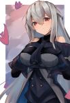  1girl absurdres arknights arm_cuffs ascot bangs bare_shoulders black_ascot black_gloves breasts closed_mouth commentary eyebrows_visible_through_hair gloves grey_hair hair_between_eyes hands_on_own_chest highres large_breasts long_hair no_hat no_headwear silver_hair simple_background skadi_(arknights) solo upper_body worimehl 