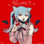  1girl animal_ear_fluff animal_ears cat_ears claw_pose clothing_cutout ear_piercing hair_behind_ear hair_ornament hatsune_miku heart heart_hair_ornament highres kemonomimi_mode open_hand piercing red_background red_eyes shoulder_cutout solo song_name twintails upper_body vampire_(vocaloid) vocaloid zoramaruta 