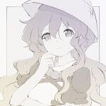  1girl absurdres ajirogasa arm_under_breasts beads gbcolor_(naza) greyscale hair_between_eyes hand_on_own_cheek hand_on_own_face hand_up hat highres hijiri_byakuren light_smile long_hair monochrome simple_background solo touhou upper_body wavy_hair 
