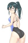  1girl aimobake ass back bad_id bad_twitter_id bangs black_swimsuit blue_swimsuit closed_mouth competition_swimsuit cowboy_shot from_behind frown glasses green_scrunchie grey-framed_eyewear hair_ornament hair_scrunchie highres idolmaster idolmaster_cinderella_girls long_hair looking_at_viewer looking_back one-piece_swimsuit ooishi_izumi ponytail scrunchie semi-rimless_eyewear simple_background solo standing swimsuit two-tone_swimsuit under-rim_eyewear white_background 