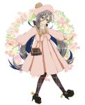  1girl alternate_costume bag bangs beret black_footwear blue_hair closed_mouth dress floral_background full_body grey_eyes grey_hair hair_between_eyes hat high_heels highres kantai_collection kiyoshimo_(kancolle) long_hair long_sleeves looking_at_viewer low_twintails multicolored_hair outstretched_arms pink_dress pink_headwear plaid plaid_bag plaid_legwear puffy_sleeves shoes shoulder_bag solo standing twintails very_long_hair yknk777 