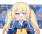  1girl bangs blonde_hair blue_eyes blush chibi hair_ornament hololive hololive_english japanese_clothes kimono kukie-nyan long_hair looking_at_viewer open_mouth smile solo twintails virtual_youtuber watson_amelia 