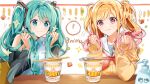  2girls :3 absurdres aqua_eyes aqua_hair aqua_necktie bangs bare_shoulders black_sleeves blonde_hair chopsticks closed_mouth commentary_request cup_noodle detached_sleeves excited fork gradient_hair hatsune_miku headphones headset highres holding holding_hair kettle long_hair long_sleeves microphone multicolored_hair multiple_girls murakami_yuichi necktie official_art pink_hair project_sekai ramen shirt sidelocks soap sparkle table tenma_saki twintails very_long_hair vocaloid white_shirt yellow_eyes 