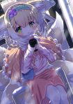  1girl :o animal_ear_fluff animal_ears arknights bag bangs blonde_hair blue_hairband blush braid brown_capelet capelet commentary cup eyebrows_visible_through_hair feet_out_of_frame flower fox_ears fox_girl fox_tail frilled_capelet frilled_hairband frills hair_between_eyes hair_flower hair_ornament hair_rings hairband highres holding holding_cup kitsune long_sleeves looking_at_viewer mask mask_pull mouth_mask multicolored_hair on_railing outdoors pantyhose parted_lips pink_shirt pink_skirt purple_flower purple_rose rose shirt shoulder_bag siera_(sieracitrus) sitting skirt solo surgical_mask suzuran_(arknights) symbol-only_commentary tail twin_braids two-tone_hair white_hair white_legwear 