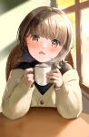 1girl :q brown_hair cafe cardigan chair cup foam_mustache food food_on_face highres holding holding_cup licking_lips looking_at_viewer off_shoulder original short_hair sitting solo table tasuku_(otomebotan) tongue tongue_out 