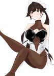  1girl absurdres azur_lane black_hair black_legwear bodystocking bow breasts brown_eyes cleavage_cutout clothing_cutout cowboy_shot hair_flaps highres ikeori_(syu_ikeori) large_breasts leaning_forward long_hair looking_at_viewer multicolored_leotard racequeen ribbon simple_background solo takao_(azur_lane) takao_(full_throttle_charmer)_(azur_lane) thigh_gap two-tone_leotard umbrella white_background white_bow white_ribbon 