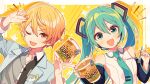  1boy 1girl 4_(nakajima4423) :d bangs bare_shoulders black_shirt blonde_hair blue_eyes blue_hair blue_jacket blue_nails blue_necktie commentary_request cup cup_noodle detached_sleeves fork grey_shirt hatsune_miku headphones headset highres holding holding_cup holding_fork jacket long_hair long_sleeves looking_at_viewer microphone necktie number_tattoo official_art one_eye_closed project_sekai ramen shirt smile tattoo tenma_tsukasa twintails two-tone_shirt upper_body v-shaped_eyebrows very_long_hair vocaloid white_shirt yellow_eyes 