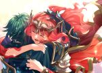  1boy 1girl alm_(fire_emblem) armor blue_armor blush cape celica_(fire_emblem) closed_eyes commentary_request couple dated earrings fingerless_gloves fire_emblem fire_emblem_echoes:_shadows_of_valentia fire_emblem_heroes from_behind gloves green_hair hand_on_another&#039;s_head happy headpiece hetero hug husband_and_wife jewelry long_hair misu_kasumi open_mouth red_cape redhead revision short_hair smile 