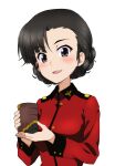  1girl alternate_hairstyle asymmetrical_bangs bangs black_eyes black_hair blush braid commentary cosplay cup darjeeling_(girls_und_panzer) darjeeling_(girls_und_panzer)_(cosplay) eyebrows_visible_through_hair girls_und_panzer holding holding_cup kayabakoro looking_at_viewer nishi_kinuyo open_mouth short_hair simple_background smile solo st._gloriana&#039;s_military_uniform tied_hair twin_braids white_background yunomi 