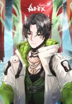  1boy apex_legends black_eyes black_hair black_shirt chinese_commentary collarbone crypto_(apex_legends) green_vest highres jewelry male_focus necklace ocean parted_hair pectoral_cleavage pectorals shirt signature smile solo upper_body vest yibao-0c 