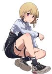  1girl absurdres baihuenyexing black_legwear blonde_hair earrings highres jewelry looking_at_viewer mole mole_under_eye original parted_lips short_hair simple_background sitting skirt socks solo thigh_strap violet_eyes white_background 
