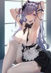  1girl absurdres armpits august_von_parseval_(azur_lane) august_von_parseval_(the_conquered_unhulde)_(azur_lane) azur_lane bangs black_bow black_bowtie blush bow bowtie breasts eyebrows_visible_through_hair feet_out_of_frame hair_between_eyes hair_over_one_eye hands_in_hair highres large_breasts long_hair looking_at_viewer maid maid_headdress purple_hair shiro_kanae sideboob simple_background sitting solo thigh-highs violet_eyes white_legwear window 