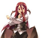  1girl aaliyahraylenard armband artist_request bangs bat_wings black_skirt black_vest commentary_request cookie_(touhou) cowboy_shot demon_girl demon_wings hair_between_eyes head_wings koakuma long_hair long_sleeves looking_at_viewer mouth_hold red_eyes redhead second-party_source shirt simple_background skirt solo touhou vest white_background white_shirt wings 