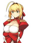  1girl ahoge blonde_hair braid breasts cleavage commentary_request dress epaulettes fate/extra fate/grand_order fate_(series) french_braid ghost_of_mosa green_eyes hair_intakes hair_ribbon juliet_sleeves large_breasts long_sleeves nero_claudius_(fate) nero_claudius_(fate)_(all) puffy_sleeves red_dress red_ribbon ribbon saber_extra see-through solo wide_sleeves 