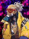  1boy alternate_skin_color apex_legends blonde_hair chain chest_tattoo cornrows crypto_(apex_legends) dark-skinned_male dark_skin gold_chain highres hype_beast_crypto jacket male_focus paint_splatter siki_mhr solo spikes sunglasses tattoo tied_hair upper_body yellow_jacket 