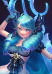 1girl absurdres ahoge bangs black_bow black_gloves blue_background blue_eyes blue_hair bow breasts collarbone drill_hair gloves gwen_(league_of_legends) hair_bow hand_up highres kyu_ire_ne large_breasts league_of_legends long_hair oversized_object puffy_short_sleeves puffy_sleeves scissors shiny shiny_hair short_sleeves smile solo swept_bangs twin_drills twintails 
