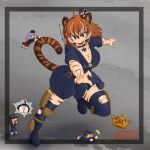  1girl absurdres animal_ears breasts brown_hair full_body green_eyes hat highres large_breasts long_hair looking_at_another looking_at_viewer military military_hat multicolored_hair open_mouth orange_hair original short_hair smile source_request tail thigh-highs tiger_girl 