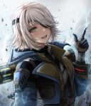  1girl apex_legends black_gloves black_sweater blue_jacket blush breasts collared_shirt deep_current_wattson electricity eyepatch gloves hair_behind_ear head_tilt highres jacket medium_breasts open_mouth pointing pointing_up shirt short_hair smile solo suoniko sweater wattson_(apex_legends) white_shirt yellow_eyes 