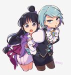  2girls :o ace_attorney bangs black_hair blue_eyes commentary_request eyebrows_visible_through_hair franziska_von_karma gloves highres long_hair long_sleeves looking_at_viewer maya_fey mole mole_under_eye multiple_girls nono_(norabi) pantyhose short_hair simple_background swept_bangs twitter_username violet_eyes 