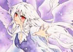  1girl breasts dress eyebrows_visible_through_hair hair_between_eyes long_hair looking_at_viewer open_mouth outstretched_arm outstretched_hand pointy_ears purple_background purple_dress qqqrinkappp red_eyes sariel_(touhou) small_breasts solo touhou traditional_media upper_body very_long_hair white_hair wings 