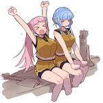  &gt;o&lt; 2girls arms_up bangs blue_hair blunt_bangs blush breasts commentary_request do_m_kaeru eyebrows_visible_through_hair fire_emblem fire_emblem:_three_houses hair_bun hilda_valentine_goneril large_breasts long_hair marianne_von_edmund multiple_girls open_mouth pink_hair shorts sitting sleeveless sweat tongue twintails 
