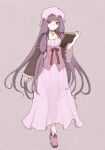  1girl absurdres blue_ribbon book choker crescent dress expressionless full_body hat highres holding holding_book jewelry long_hair mijuku_mikan mob_cap necklace patchouli_knowledge purple_dress purple_footwear purple_hair red_ribbon ribbon solo standing touhou violet_eyes 