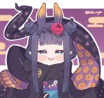  1girl bangs blue_eyes blush chibi hololive hololive_english horns japanese_clothes kimono kukie-nyan long_hair looking_at_viewer multicolored_hair ninomae_ina&#039;nis open_mouth orange_hair pointy_ears purple_hair scarf smile solo tentacle_hair tentacles virtual_youtuber 