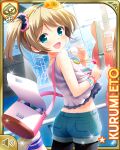  1girl armband bag blonde_hair blue_eyes drum eto_kurumi girlfriend_(kari) guitar hair_ornament hot lifting looking_at_viewer official_art one_leg_raised qp:flapper smile sound_system stage stage_lights summer sweat twintails water_bottle 