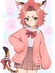  1girl animal_ear_fluff animal_ears artist_name bangs_pinned_back bow bowtie cat_ears cat_girl cat_tail commentary cowboy_shot diona_(genshin_impact) genshin_impact green_eyes hand_on_hip highres jacket long_sleeves looking_at_viewer paw_print paw_print_background pink_jacket plaid plaid_skirt red_bow red_bowtie redhead short_eyebrows short_hair simple_background skirt solo tail tail_ornament thick_eyebrows v-shaped_eyebrows vickie_(cryingrobot) 