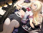  1girl assault_rifle bandage_over_one_eye bandages black_gloves black_neckwear blonde_hair blue_eyes bow bowtie breasts bunny_hair_ornament choker feet_out_of_frame gloves gun hair_ornament highres holding holding_bandages hukahire0120 leg_up long_hair looking_at_viewer lying on_back original parted_lips pleated_skirt red_bow red_bowtie red_neckwear rifle school_uniform shirt short_sleeves skirt small_breasts straight_hair teeth thigh-highs weapon white_legwear white_shirt 
