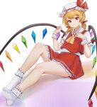  1girl absurdres agwing86 alternate_hairstyle blonde_hair dress fangs flandre_scarlet highres looking_at_viewer low_twintails red_eyes simple_background sitting slit_pupils smile thighs touhou twintails white_background white_legwear 