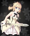  1girl artoria_pendragon_(all) black_bow blonde_hair bow breastplate caliburn dress eyebrows_visible_through_hair fate/grand_order fate/unlimited_codes fate_(series) faulds floating_hair gauntlets green_eyes hair_between_eyes hair_bow highres kiruumu long_hair looking_at_viewer outdoors petals ponytail saber_lily signature sleeveless sleeveless_dress solo standing sword weapon white_dress 