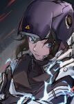  1girl absurdres apex_legends armor black_gloves black_scarf blue_eyes electricity eyebrows_visible_through_hair floating_hair gloves grey_background helmet highres hz_(megumi_akira) looking_to_the_side parted_lips portrait scarf sketch solo v-shaped_eyebrows voidwalker_wraith wraith_(apex_legends) 