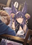  1boy 1girl animal_ears armlet bell blonde_hair breasts chair cleavage_cutout closed_eyes clothing_cutout dated erune eyebrows_visible_through_hair fox_ears fox_girl fox_tail fur_trim gran_(granblue_fantasy) granblue_fantasy hair_bell hair_ornament hand_on_own_cheek hand_on_own_face herio highres indoors long_hair looking_at_viewer medium_breasts purple_hair ribbon signature sitting sleeping table tail twitter_username violet_eyes yuel_(granblue_fantasy) 