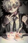  1boy artist_name bangs birthday blue_eyes boku_no_hero_academia burn_scar cake candle dabi_(boku_no_hero_academia) ear_piercing food formal icing kadeart knife licking licking_finger looking_at_viewer male_focus multiple_piercings nose_piercing open_mouth piercing scar scar_on_arm scar_on_chest scar_on_face short_hair smile solo spiky_hair stapled stitches string_of_flags suit tongue tongue_out white_hair 