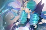 1girl ahoge bangs black_bow black_gloves blue_eyes blush bow breasts collarbone dress drill_hair gloves gradient gradient_background green_eyes green_hair grey_dress gwen_(league_of_legends) hair_bow highres holding holding_scissors league_of_legends long_hair oversized_object scissors shiny shiny_hair smile solo star-shaped_pupils star_(symbol) symbol-shaped_pupils thi_fure twin_drills twintails 