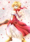 1girl aestus_estus ahoge blonde_hair blurry braid breasts cleavage commentary_request corset dress epaulettes fate/extra fate/grand_order fate_(series) flower french_braid gg_xx_059 green_eyes hair_flower hair_intakes hair_ornament hair_ribbon highres juliet_sleeves large_breasts long_sleeves looking_at_viewer nero_claudius_(fate) nero_claudius_(fate)_(all) ocean petals puffy_sleeves red_dress red_ribbon ribbon saber_extra see-through short_hair smile solo wide_sleeves
