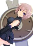  1girl armor armored_dress bare_shoulders breasts elbow_gloves eyebrows_visible_through_hair fate/grand_order fate_(series) gloves hakuun_chromu lavender_hair looking_at_viewer mash_kyrielight medium_breasts purple_gloves shield shielder_(fate/grand_order) short_hair smile solo thigh-highs violet_eyes 