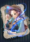  1girl beige_headwear blue_dress blue_eyes blush brown_hair character_request chinese_commentary creature dress hair_behind_ear harry_potter_(series) hat holding holding_creature holding_wand long_hair looking_down picture_frame smile solo sun_hat wand yibao-0c 