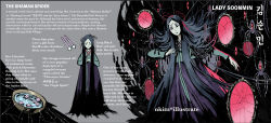  1girl antler_boys arthropod_girl artist_name black_hair broken_glass bug claws commentary english_commentary english_text extra_eyes flower glass hair_ornament hairclip hanbok highres korean_clothes korean_text lady_soonmin long_hair mirror mixed-language_text nadia_kim official_art pink_flower reference_sheet silk spider spider_girl spider_web water 