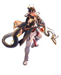  1boy absurdres arknights black_coat black_hands brown_hair chinese_commentary chongyue_(arknights) coat colored_extremities commentary_request curtained_hair dragon_boy dragon_horns dragon_tail earrings eastern_dragon_horns eastern_dragon_tail from_above full_body grey_streaks highres horns incredibly_absurdres jewelry kung_fu long_hair low_ponytail male_focus multicolored_hair nanyu1998 pants pointy_ears ponytail red_eyes rerebrace shirt shoes simple_background single_bare_shoulder solo streaked_hair tail very_long_tail watermark weibo_username weibo_watermark white_background white_pants white_shirt white_shoes 