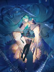  1girl absurdly_long_hair agyou_sonokou_l aqua_eyes aqua_hair aqua_nails aqua_necktie aqua_trim artist_name black_boots black_skirt black_sleeves boots clip_studio_paint_(medium) collared_shirt commentary_request detached_sleeves feathered_wings fingernails floating floating_hair full_body glowing grey_shirt hair_between_eyes hands_on_own_hips hatsune_miku highres in_orbit long_hair long_sleeves looking_at_viewer low_wings making-of_available miniskirt multiple_wings nail_polish necktie parted_lips piano_keys planet pleated_skirt see-through_clothes see-through_sleeves shirt signature skirt sleeveless sleeveless_shirt solo star_(sky) thigh_boots twintails very_long_hair vocaloid white_wings wings zettai_ryouiki 